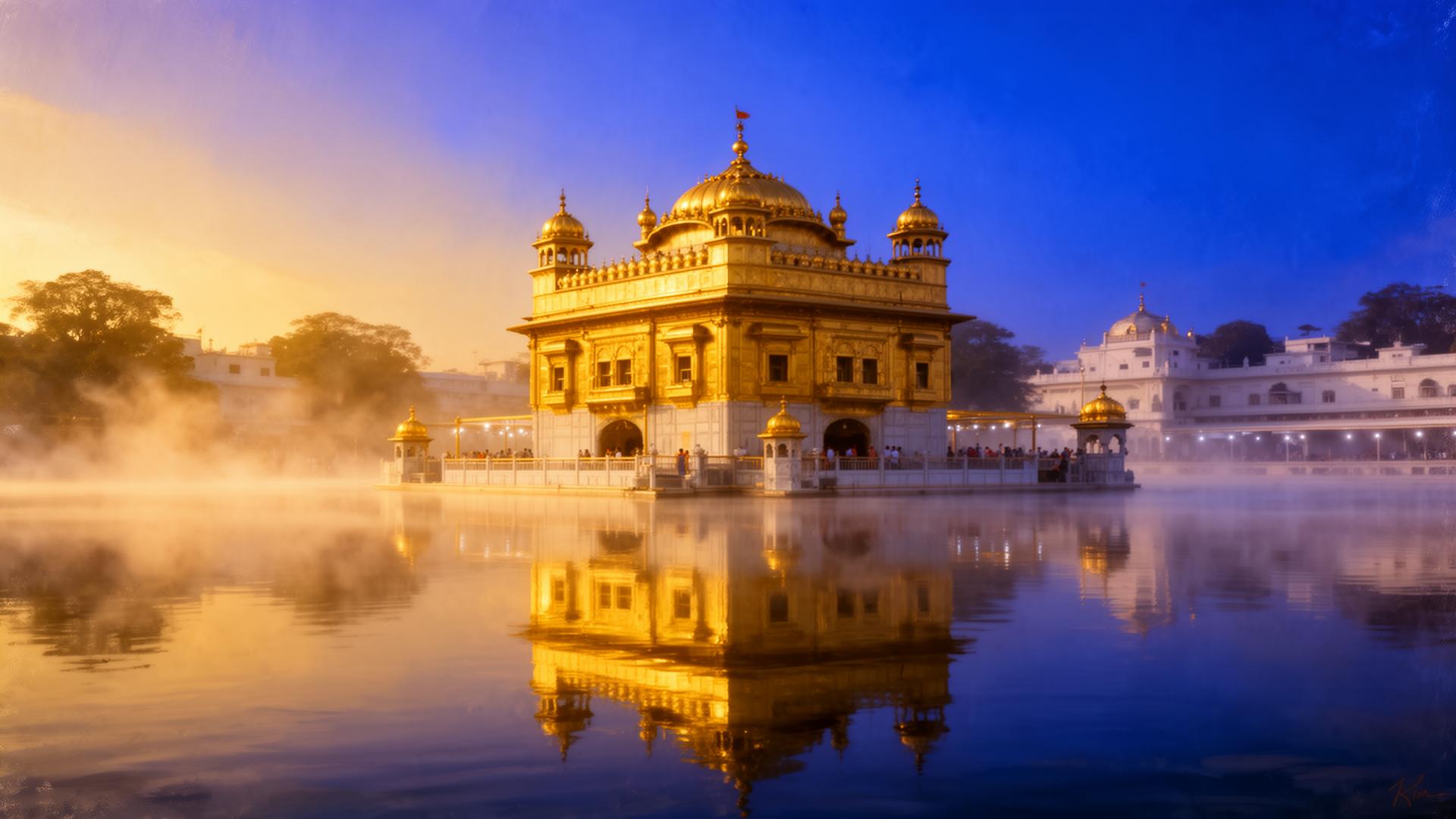 Sri Harmandir Sahib at golden hour, reflecting in still water